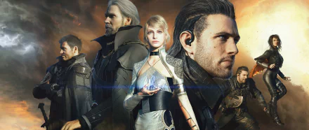 Kingsglaive: Final Fantasy XV HD PC desktop wallpaper — cinematic movie-style image of five armored characters, central blonde woman summoning blue magic beneath a stormy sky.