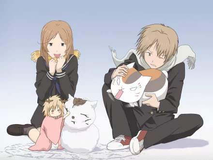 HD anime desktop wallpaper featuring characters from Natsume Yuujinchou (Natsume's Book of Friends) with a boy, a girl, and two cats in a calm, pastel-colored scene.