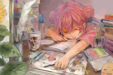 A vibrant anime scene from Gintama features a character with pink hair, resting on a cluttered desk filled with art supplies and sketches, creating a captivating HD wallpaper.