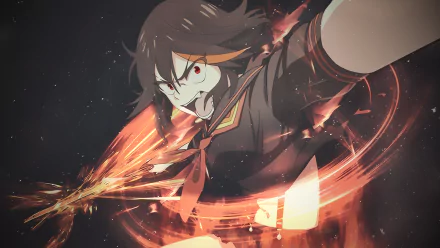 HD anime desktop wallpaper featuring Ryūko Matoi from Kill La Kill in dynamic action pose with fiery effects surrounding her.