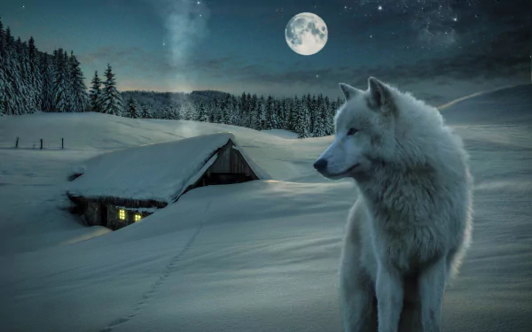 A serene winter scene features a white wolf standing in the snow, illuminated by a bright moon and a starry sky, with a cozy house nestled in the snowy landscape.
