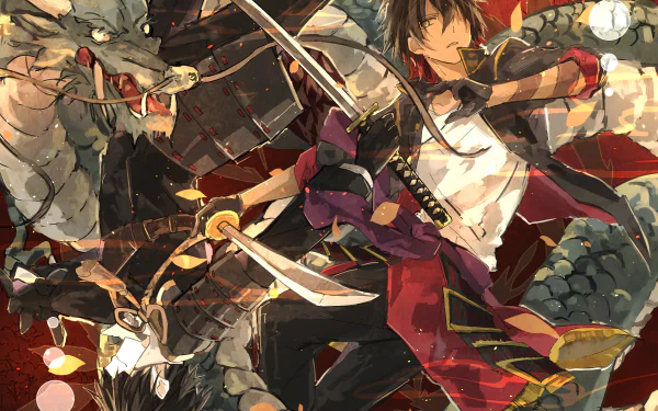 Anime, Touken Ranbu — HD PC desktop wallpaper/background: a dynamic swordsman in crimson attire brandishing dual blades beside a coiled dragon amid gold sparks and dramatic lighting.