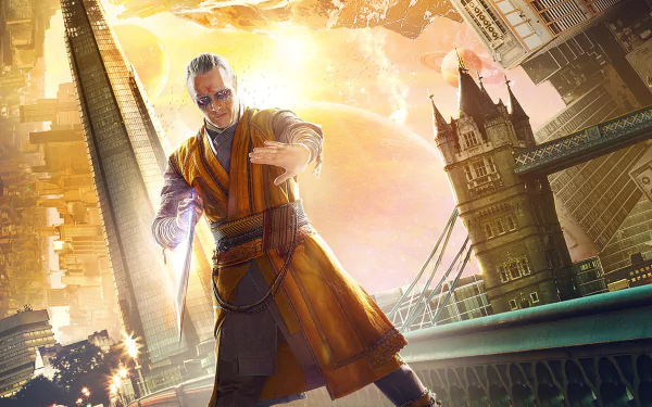 Cinematic HD wallpaper featuring Mads Mikkelsen as Kaecilius from the movie Doctor Strange, showcasing a vibrant cosmic background and iconic London landmarks.