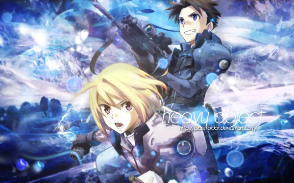 Anime Heavy Object HD PC desktop wallpaper of two armored characters: a blonde woman in front and a dark-haired man wielding a heavy weapon behind, set against a blue energy-filled backdrop.