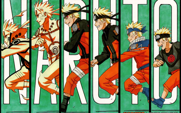 A vibrant HD wallpaper featuring Naruto Uzumaki from the anime series Naruto, showcasing various poses and expressions against a bold green background with the name NARUTO.