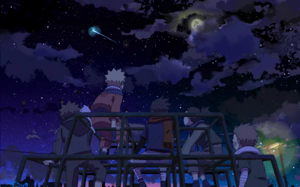 A stunning HD wallpaper featuring Naruto Uzumaki, Kiba Inuzuka, Chōji Akimichi, Chōjūrō, Shikamaru Nara, and their dog Akamaru gazing at a starry sky with a comet.