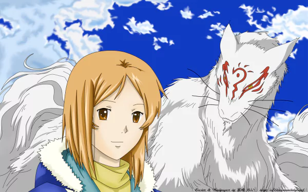 Reiko Natsume from Natsume's Book of Friends (Natsume Yuujinchou) beside a large white fox-like yokai under a bright blue sky — HD anime desktop wallpaper.