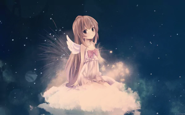 HD wallpaper featuring Taiga Aisaka from the anime Toradora!, depicted sitting on a cloud with wings, surrounded by a dreamy, starry background.