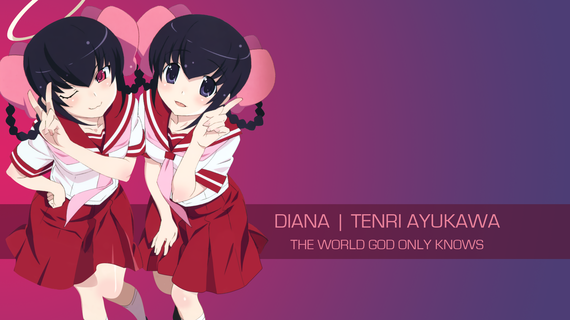 Anime-style 4K Ultra HD wallpaper featuring Diana and Tenri Ayukawa from The World God Only Knows, set against a purple gradient background.