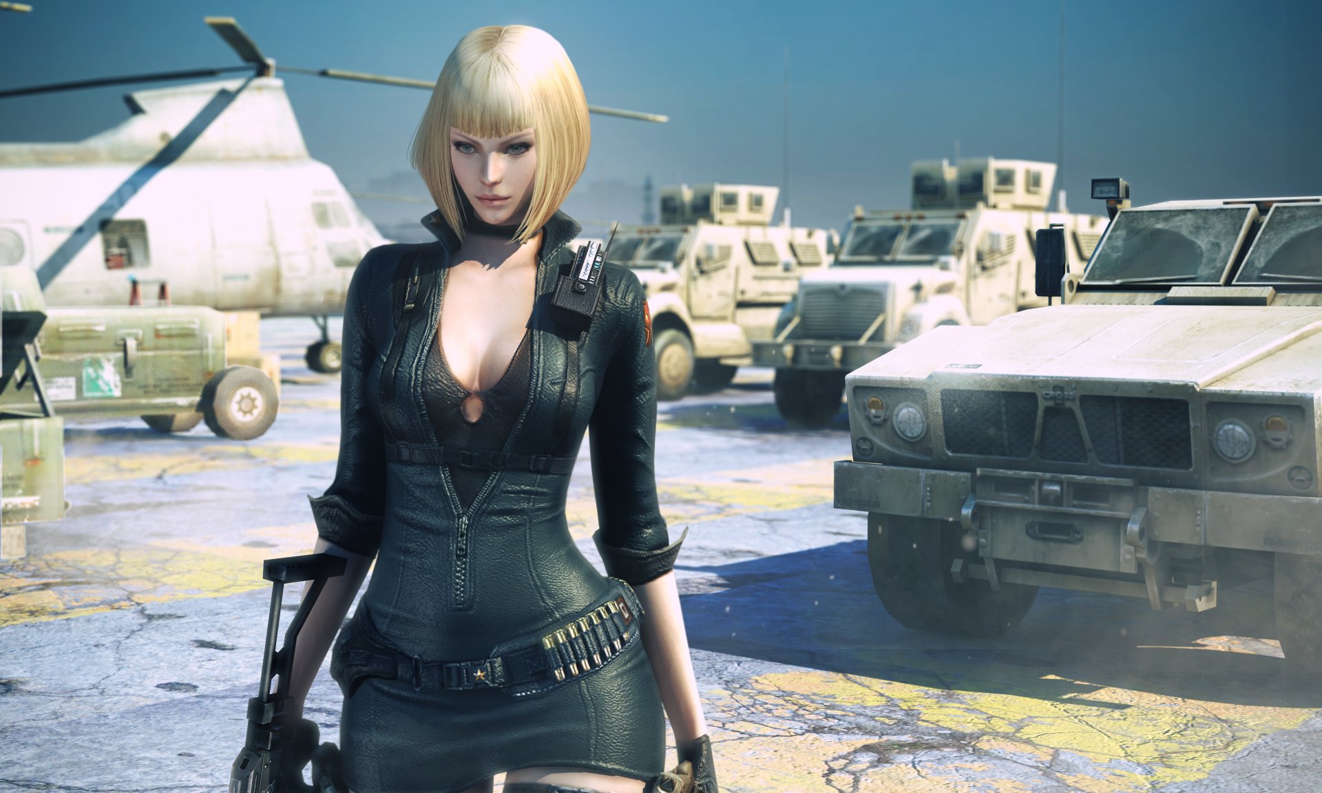 HD desktop wallpaper featuring Datura from CrossFire, a video game. The character stands in front of military vehicles and a helicopter, with a serious expression and a detailed, tactical outfit.