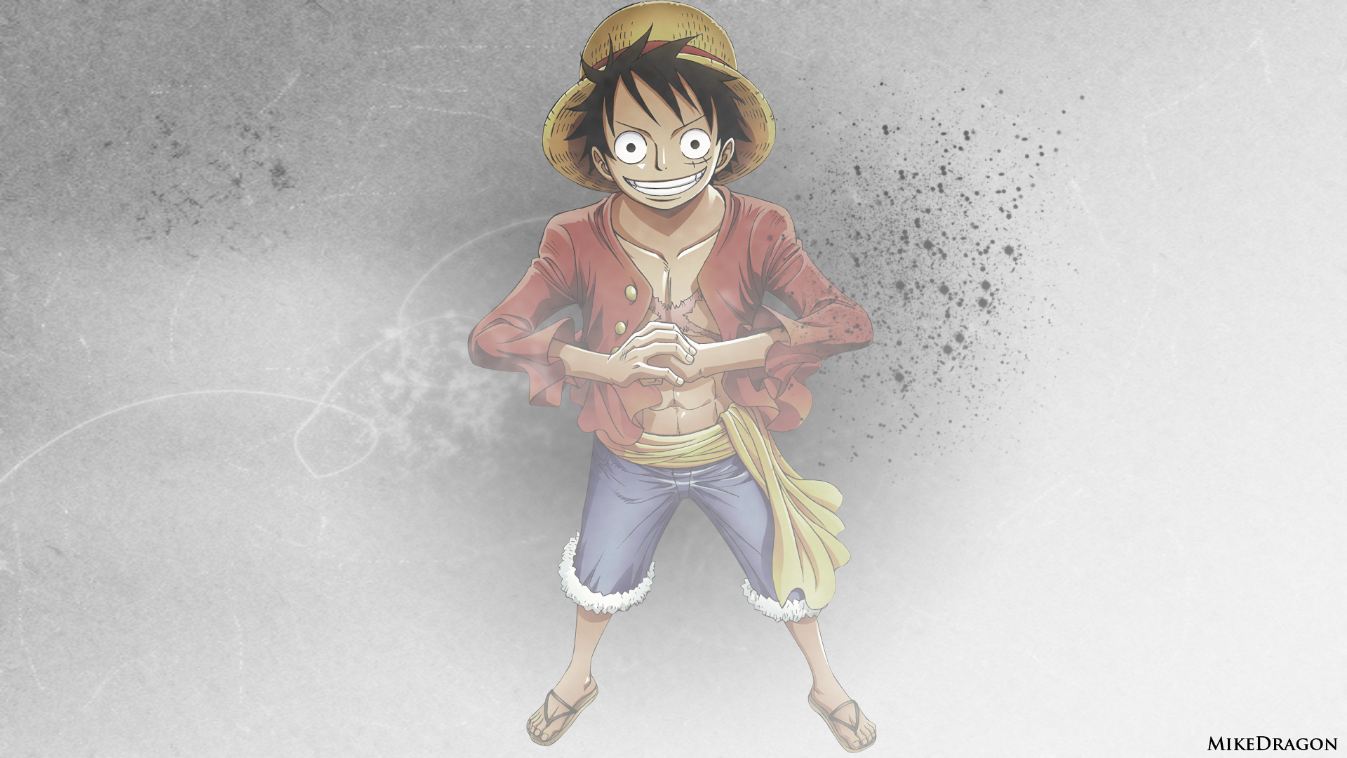 HD PC desktop wallpaper featuring Monkey D. Luffy from the anime One Piece with a dynamic, textured gray background.