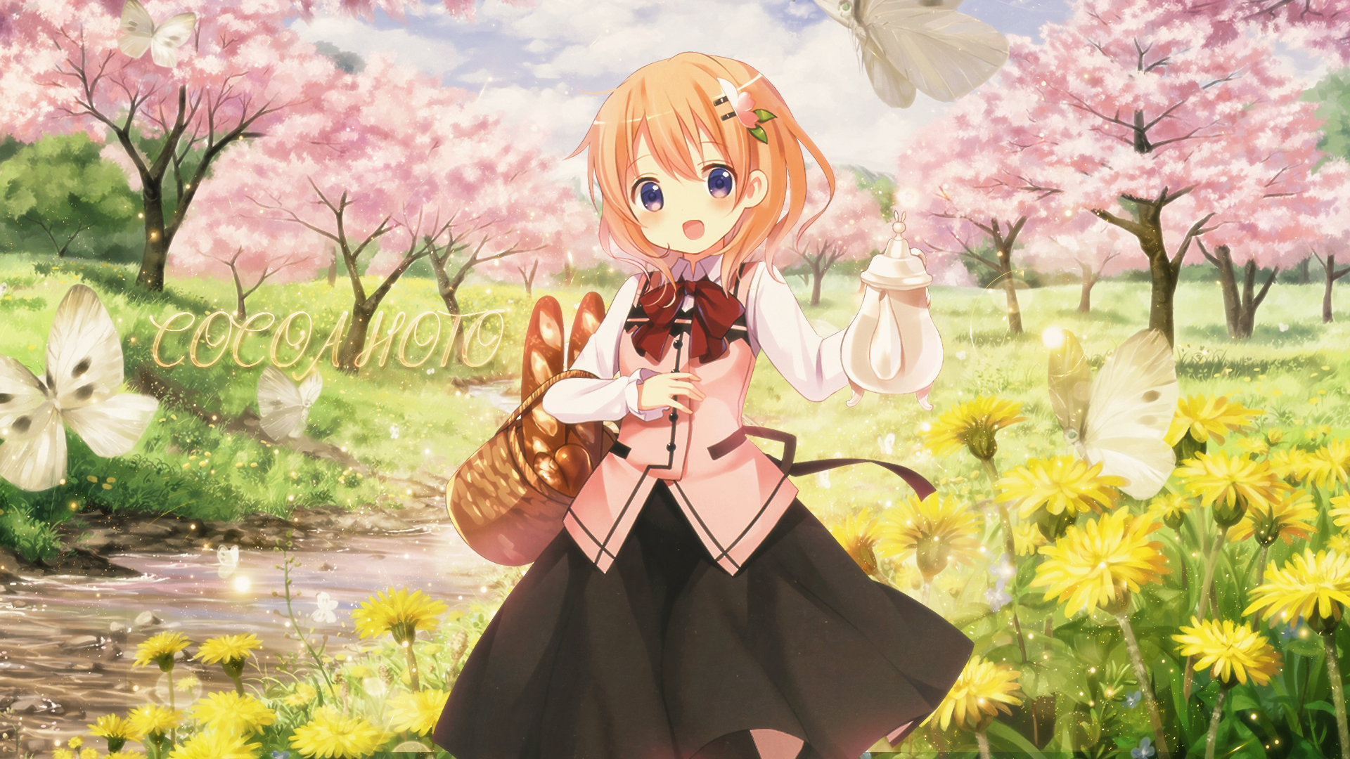 HD anime desktop wallpaper from Is the Order a Rabbit featuring a girl with orange hair in a scenic cherry blossom field with butterflies and flowers.
