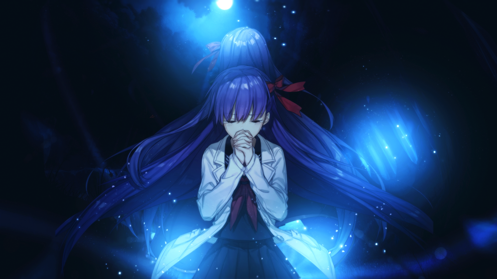 HD PC desktop wallpaper featuring Sakura Matou from the anime Fate/Stay Night, surrounded by glowing blue lights in a dark, mystical setting.