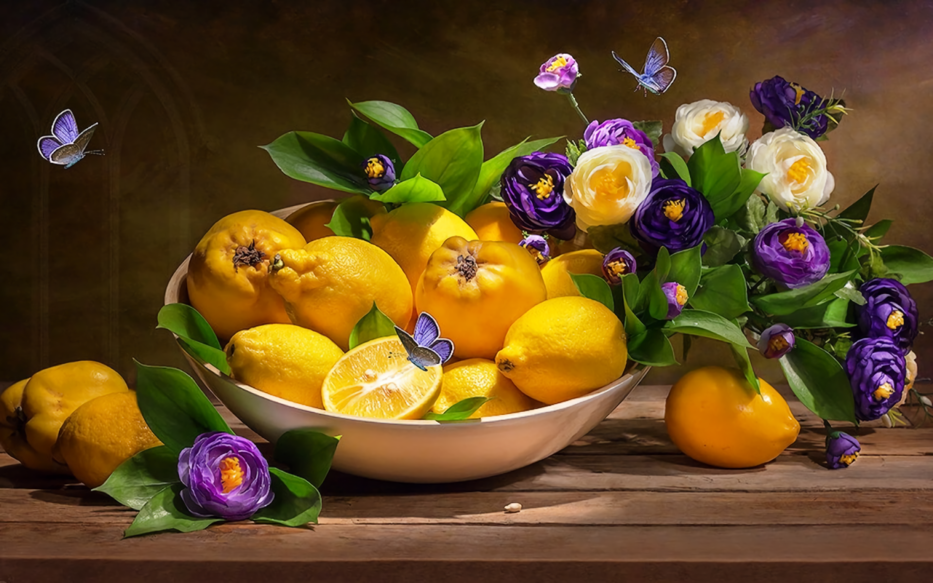 HD desktop wallpaper featuring a still life of vibrant lemons in a bowl, purple and white flowers, and delicate butterflies against a warm, artistic background.