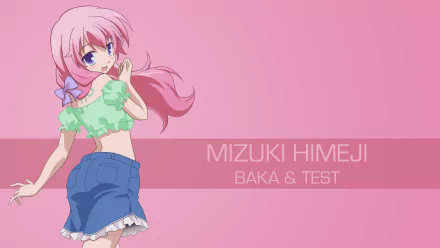 Anime-style 4K Ultra HD desktop wallpaper featuring Mizuki Himeji from Baka and Test with pink background and character name text.