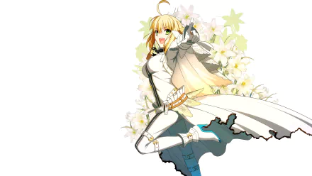 4K Ultra HD anime wallpaper featuring Saber from Fate/extra in dynamic pose with a floral background, designed as a PC desktop backdrop.