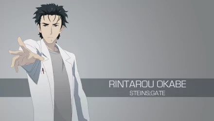 HD wallpaper featuring Rintaro Okabe from the anime Steins;Gate, showcasing his signature look in a minimalist gray background.