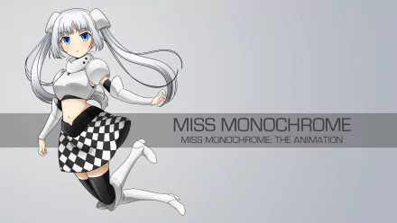 4K Ultra HD PC desktop wallpaper featuring Miss Monochrome, the anime character, in a monochrome outfit with flowing silver hair and vibrant blue eyes.