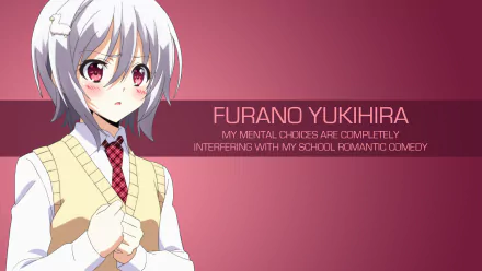 4K Ultra HD Anime wallpaper featuring Furano Yukihira from Noucome, set against a stylish maroon background with text highlighting the show's comedic theme.