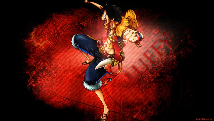 HD PC desktop wallpaper featuring Monkey D. Luffy from the anime One Piece, depicted in an action pose with a vibrant red and black background.