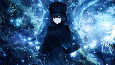 HD PC desktop wallpaper featuring an anime character from Witch On The Holy Night, set against a mystical, glowing forest background.