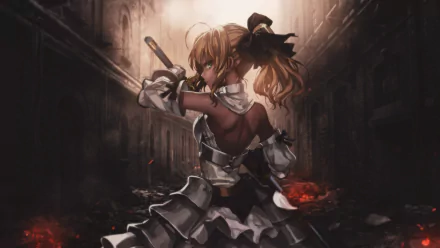 An HD wallpaper featuring Saber Lily from the Fate series, showcasing her in a dynamic pose with a sword, set against a dramatic, desolate landscape.