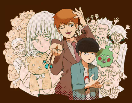 A vibrant HD wallpaper featuring Ekubo, Arataka Reigen, and Shigeo Kageyama from Mob Psycho 100, surrounded by ghostly figures, showcasing the anime's unique art style.