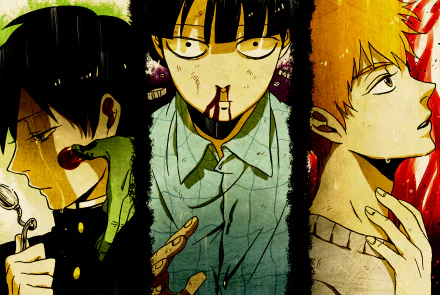HD wallpaper featuring characters Arataka Reigen, Ritsu Kageyama, and Shigeo Kageyama from the anime Mob Psycho 100, showcasing their intense expressions and distinctive styles.
