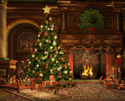 HD desktop wallpaper featuring a cozy holiday scene with a decorated Christmas tree, festive wreath above a roaring fireplace, and wrapped gifts in a warm, wood-paneled room.