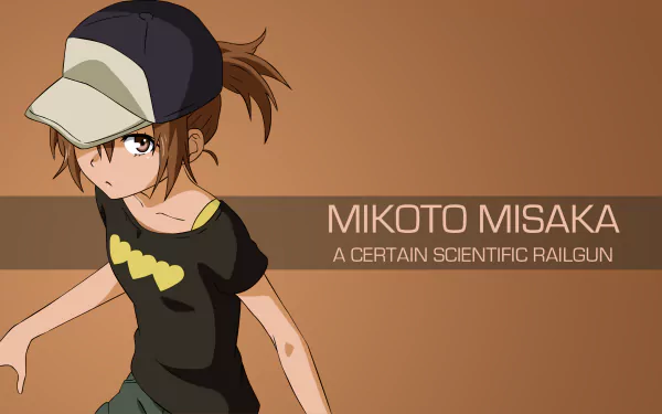 4K Ultra HD anime wallpaper featuring Mikoto Misaka from A Certain Scientific Railgun, showcasing her in a casual outfit with a cap against a brown background.