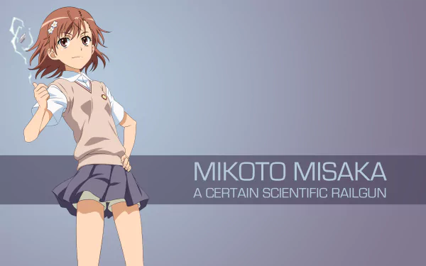 Anime-style 4K Ultra HD wallpaper featuring Mikoto Misaka from A Certain Scientific Railgun, standing confidently with a blue sky background.