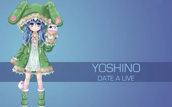 A vibrant HD desktop wallpaper featuring Yoshino from Date A Live, showcasing her in a cute green outfit with a plush toy, set against a smooth blue background.