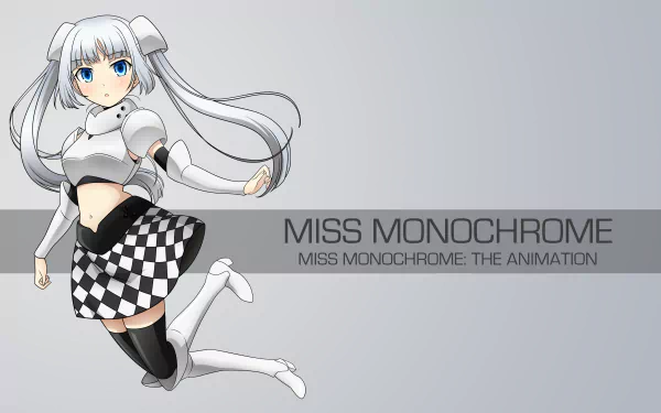 4K Ultra HD PC desktop wallpaper featuring Miss Monochrome, the anime character, in a monochrome outfit with flowing silver hair and vibrant blue eyes.