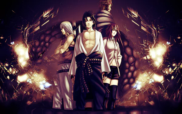 HD anime desktop wallpaper featuring Suigetsu Hōzuki, Karin, and Sasuke Uchiha from Naruto with a dark, fiery background.