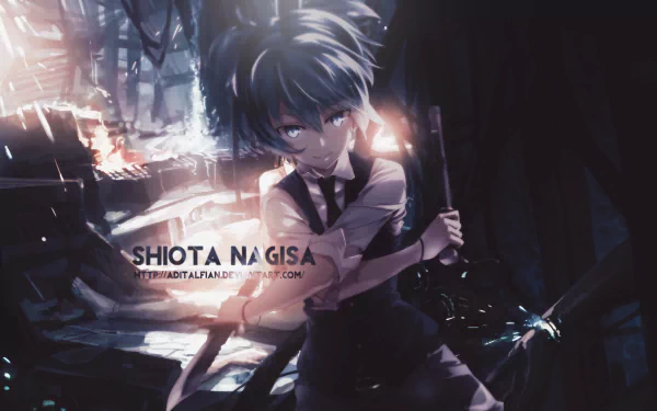 HD wallpaper featuring Nagisa Shiota from the anime Assassination Classroom. The character is shown in a dark, intense setting, with sharp blue hair and piercing eyes.