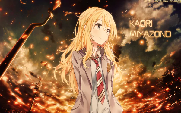 HD desktop wallpaper of Kaori Miyazono from the anime Your Lie in April, featuring her with blonde hair, wearing a school uniform, and standing against a dramatic sunset background.