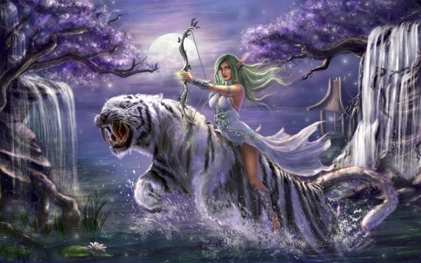 Videojuego World Of Warcraft Warcraft Tyrande Whisperwind Elfo Woman Warrior Tigre Bow Blue Eyes Green Hair Pointed Ears Tigre blanco Fondo de pantalla HD | Fondo de Escritorio