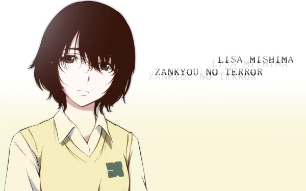 A detailed HD wallpaper featuring Lisa Mishima from the anime Zankyou No Terror, showcasing her character in a soft, minimalistic design.
