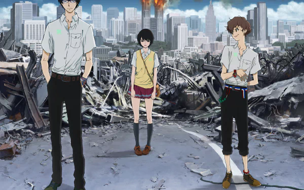 A dramatic HD wallpaper featuring characters Twelve, Nine, and Lisa Mishima from *Zankyou no Terror*, set against a backdrop of urban destruction and chaos.