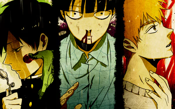 HD wallpaper featuring characters Arataka Reigen, Ritsu Kageyama, and Shigeo Kageyama from the anime Mob Psycho 100, showcasing their intense expressions and distinctive styles.
