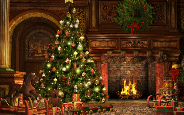 HD desktop wallpaper featuring a cozy holiday scene with a decorated Christmas tree, festive wreath above a roaring fireplace, and wrapped gifts in a warm, wood-paneled room.