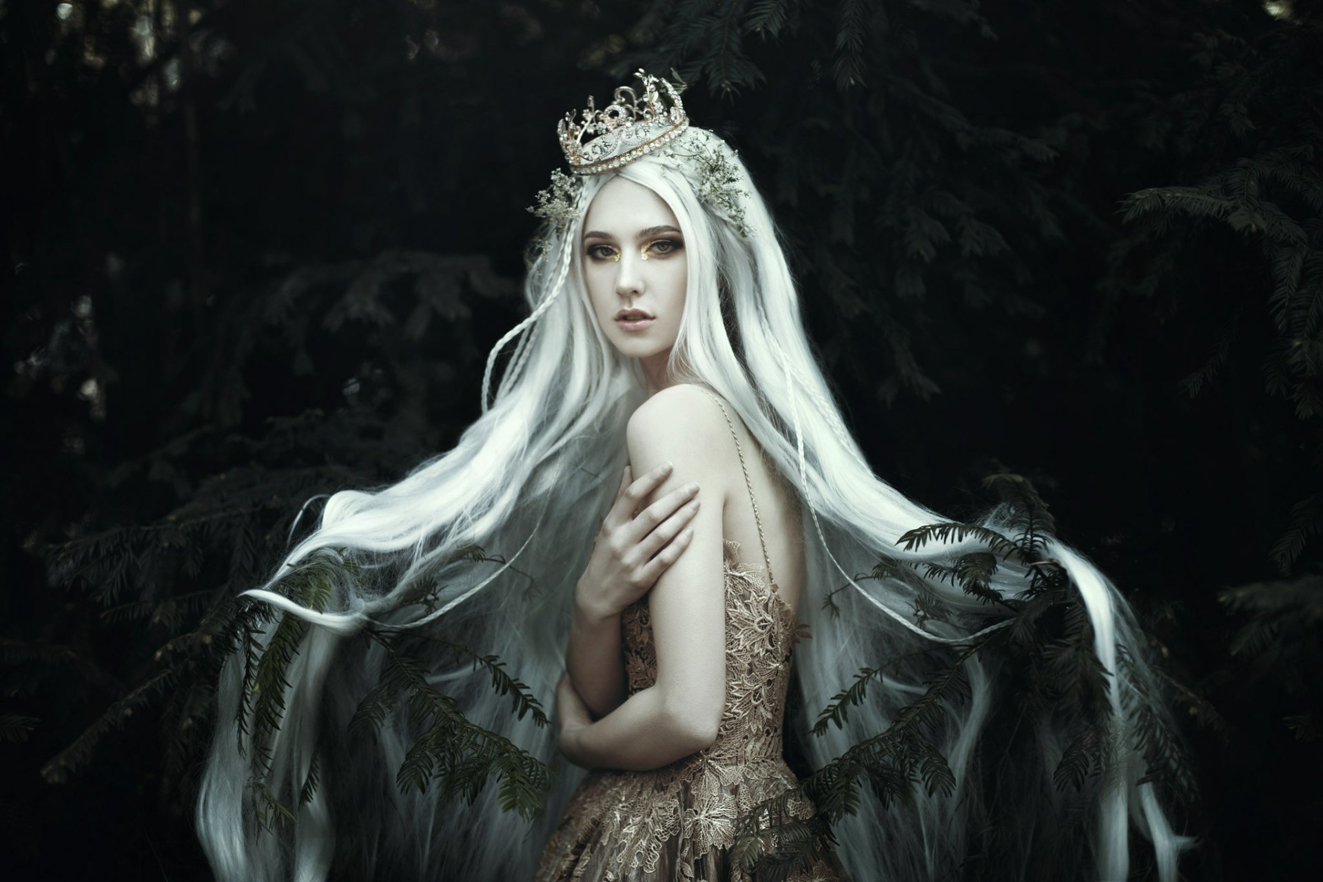 Download White Hair Crown Woman Artistic HD Wallpaper by .bella.