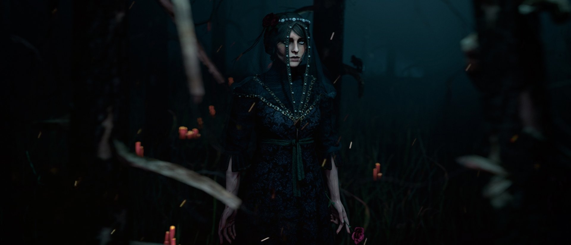 A dark, atmospheric scene from The Witcher 3: Wild Hunt, featuring a mysterious woman in a black attire surrounded by flickering candles in a shadowy setting. HD wallpaper for PC.