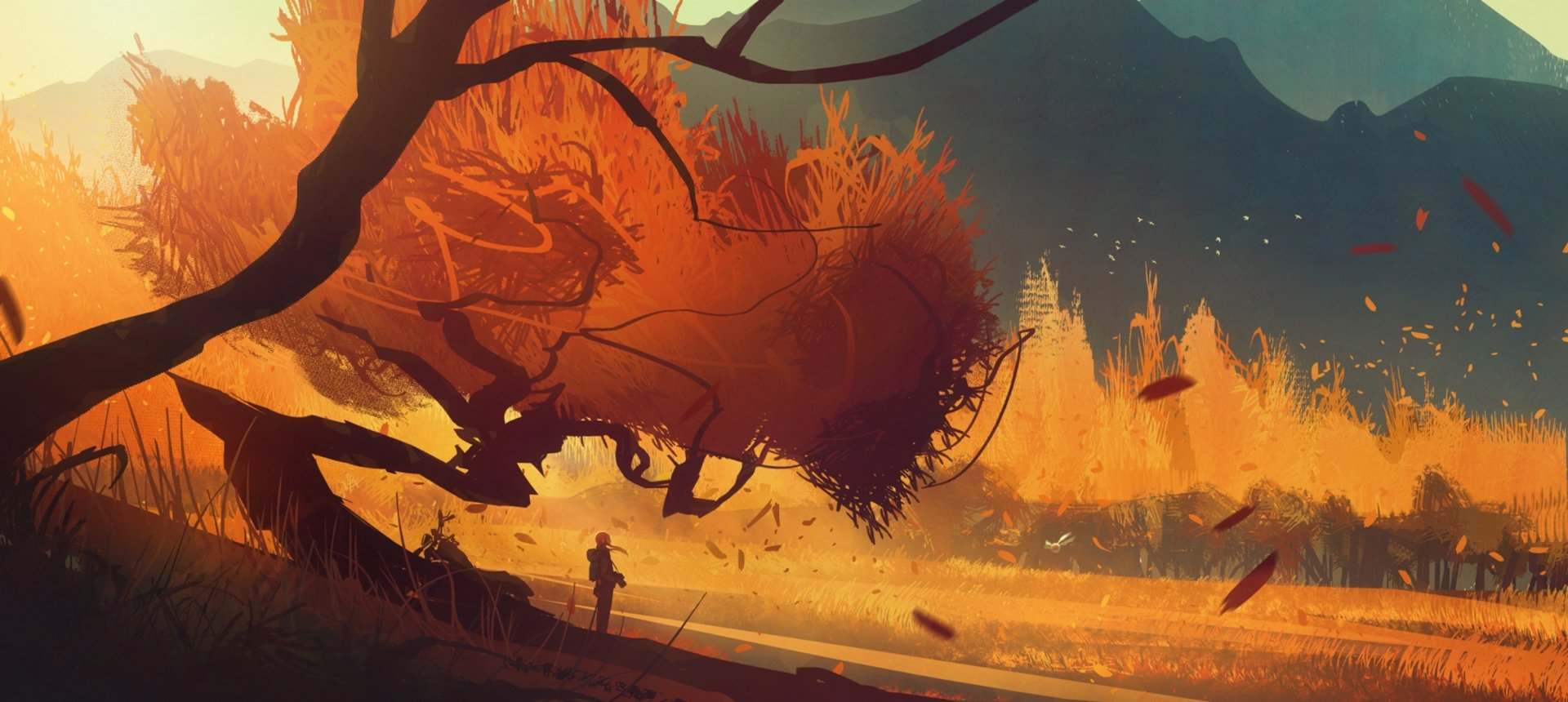 A vibrant fantasy landscape featuring a large autumn tree with fiery orange leaves, set against distant mountains under a glowing fall sky, captured in HD for a PC desktop wallpaper.