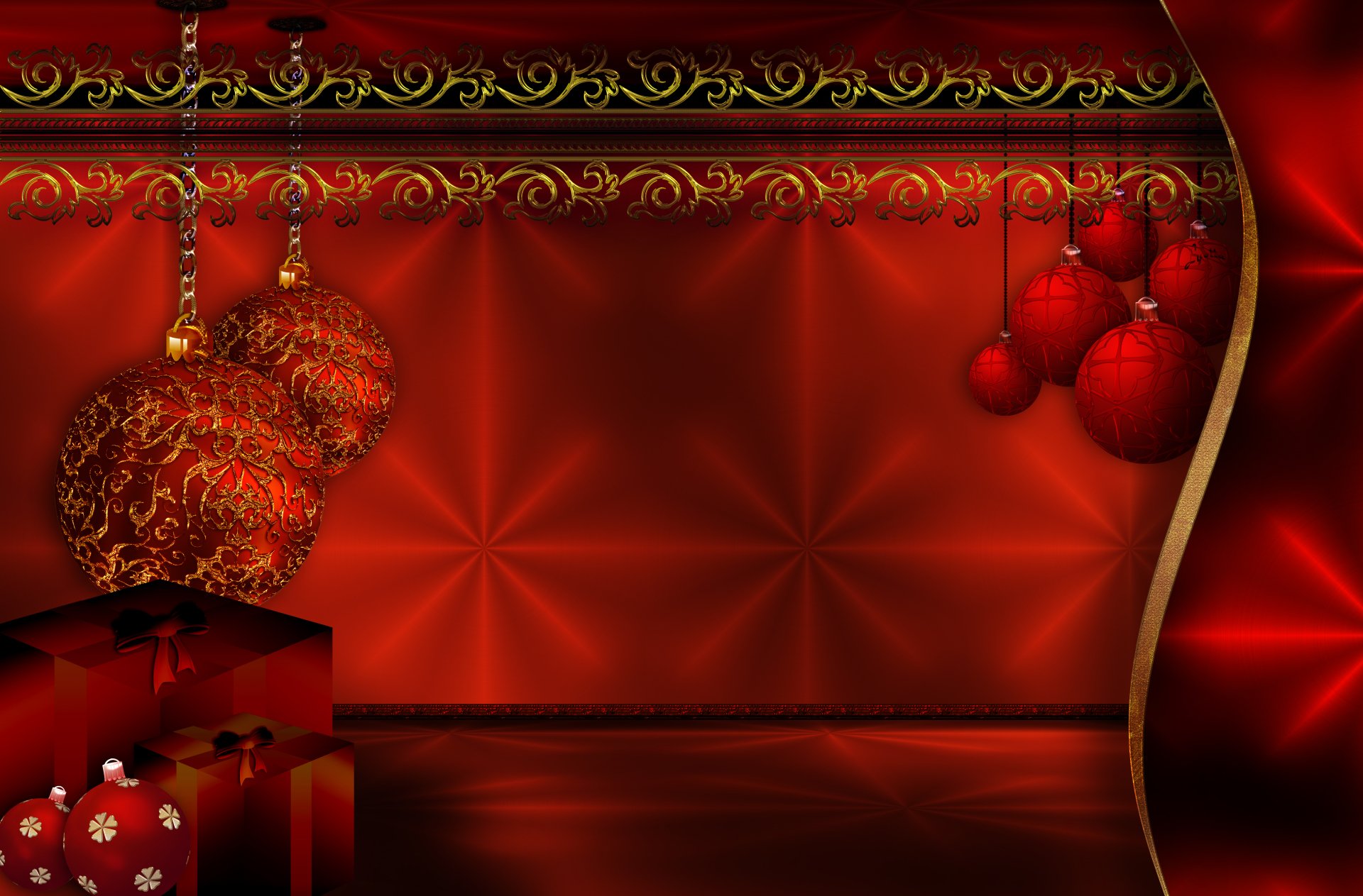 A festive HD PC desktop wallpaper featuring red Christmas ornaments, wrapped gifts, and elegant gold accents set against a rich red holiday background.