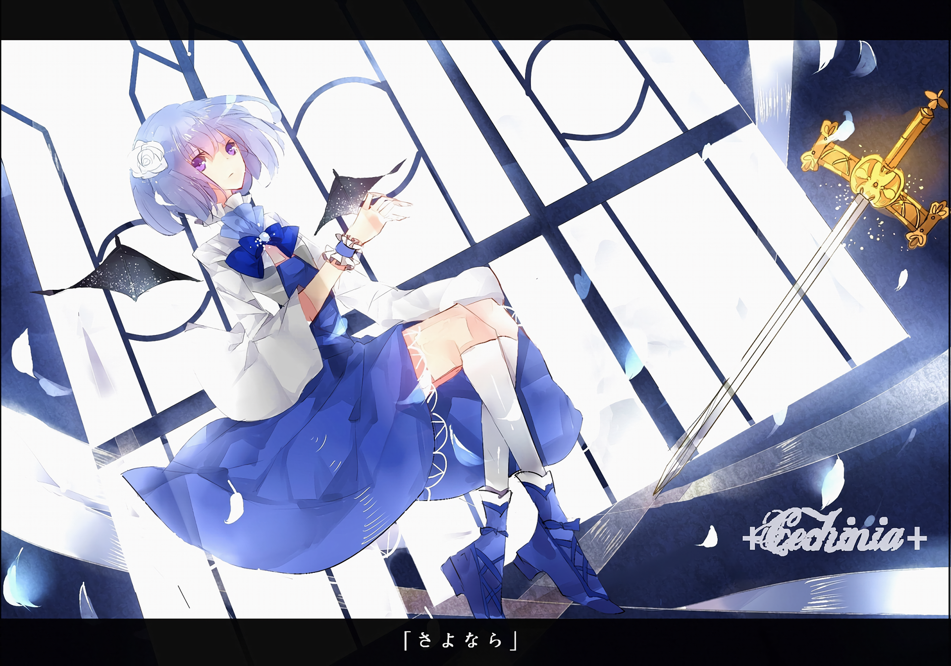 HD anime-style desktop wallpaper featuring a girl with bat wings and blue outfit in a dynamic pose against a bright, geometric background with a paused atmosphere.
