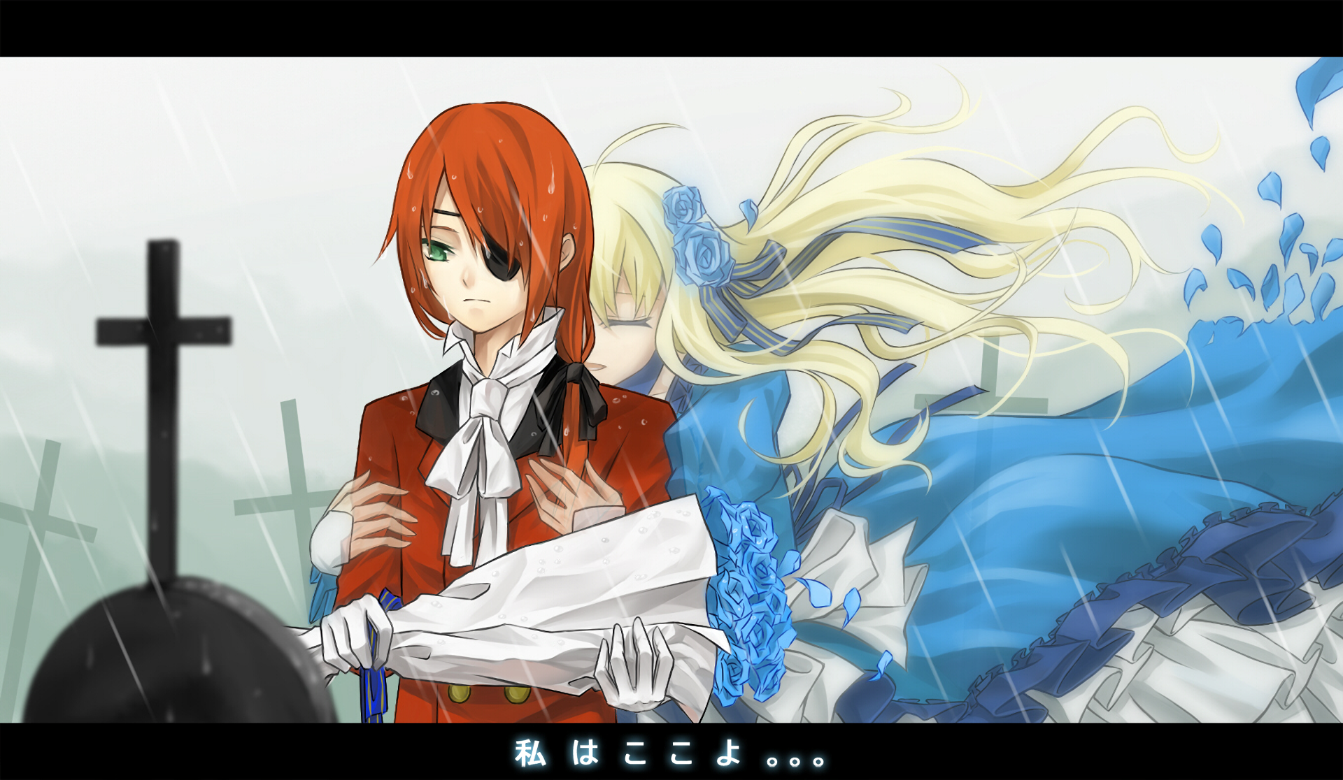 Anime HD PC desktop wallpaper: red-haired character cradles a blue-dressed blonde amid rain-soaked gravestones — a paused, cinematic moment of quiet sorrow.