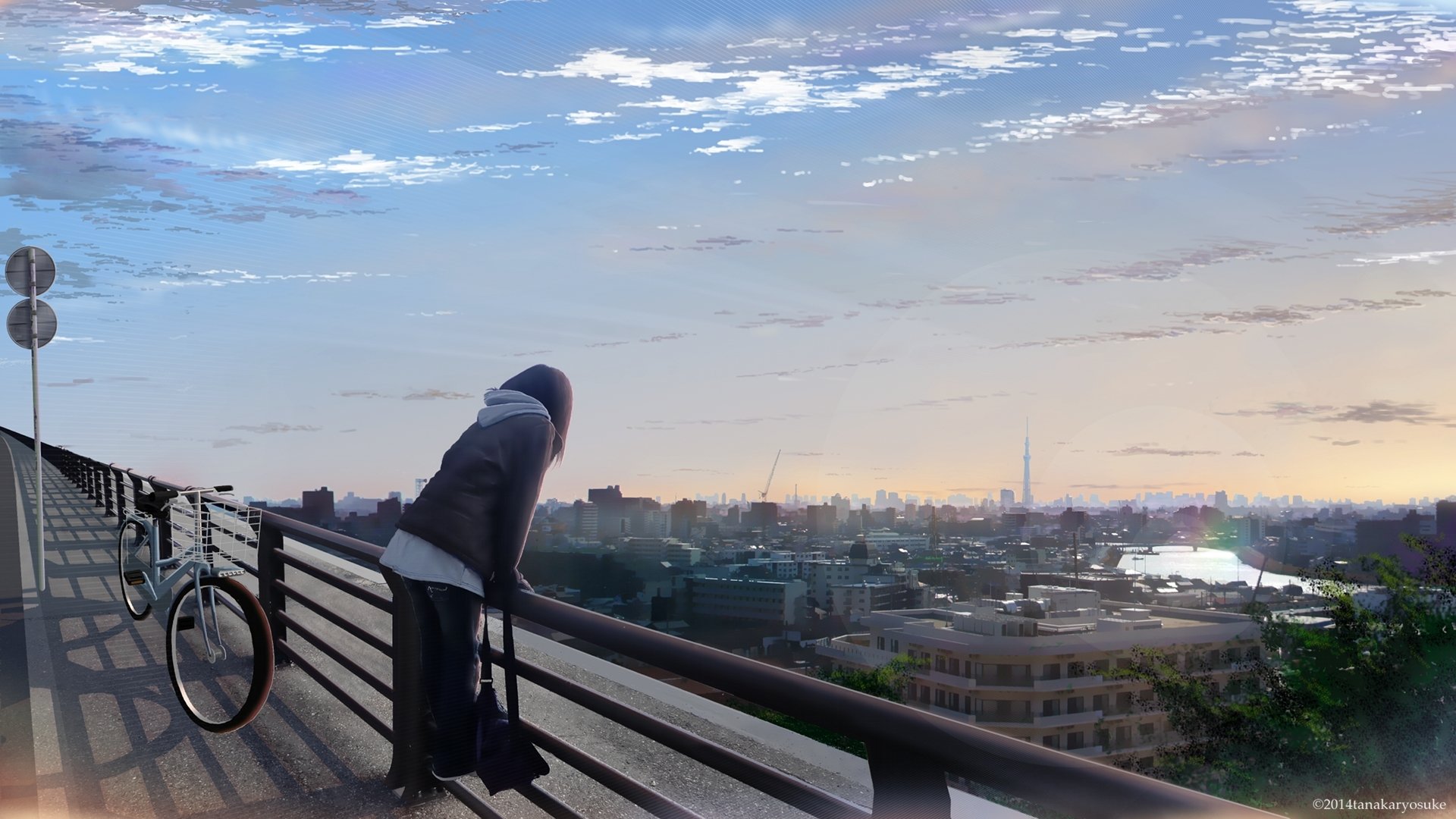 A serene anime scene featuring a figure overlooking a cityscape during sunset, with bicycles nearby, serves as an HD PC desktop wallpaper and background.