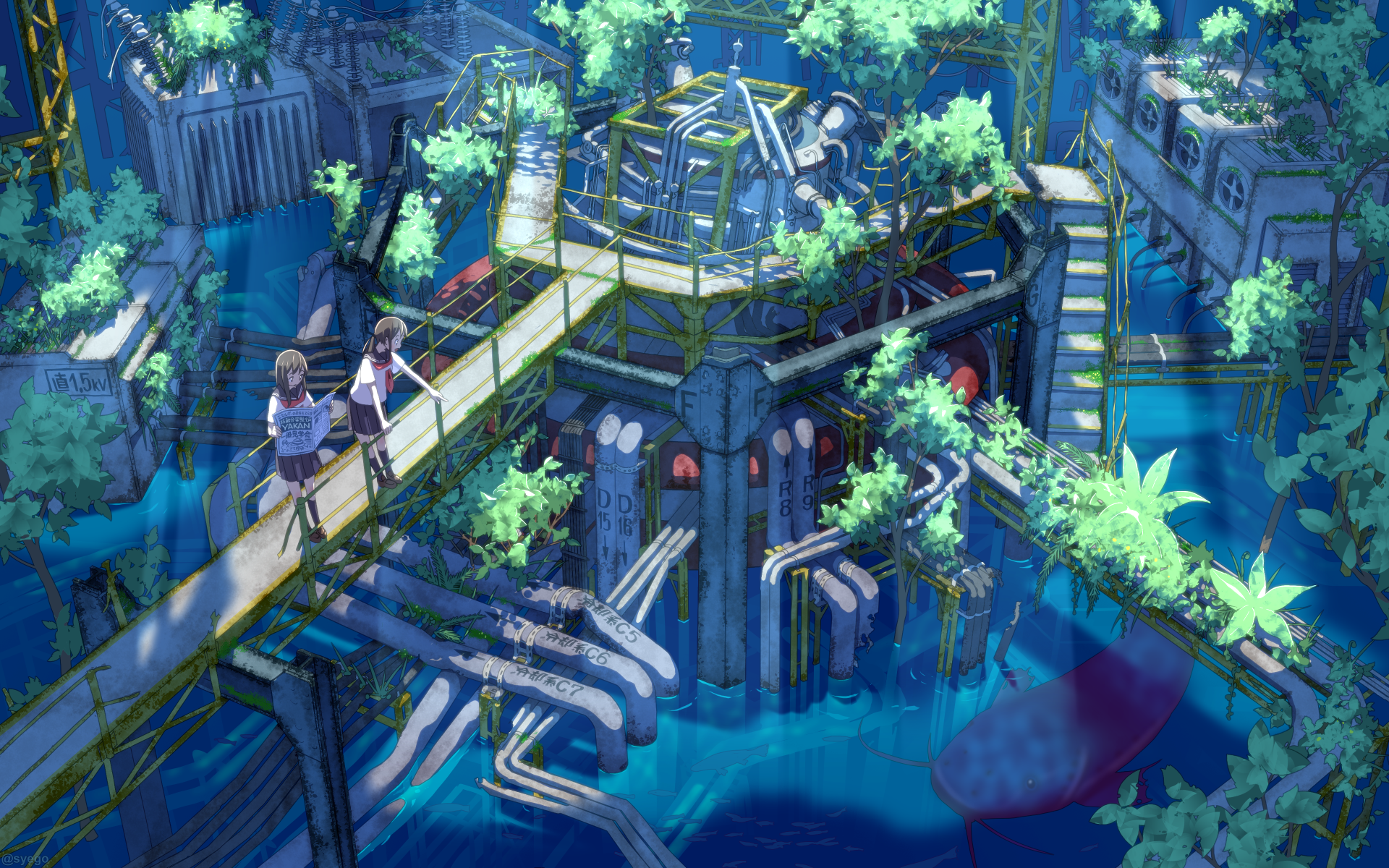 A vibrant anime scene featuring two characters walking on a bridge above a lush, overgrown industrial landscape, blending nature and machinery in a captivating HD wallpaper.