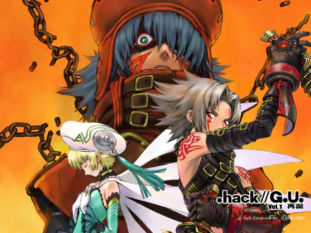 Anime-style HD PC desktop wallpaper featuring characters from .hack//G.U. with dynamic poses and fiery orange background.
